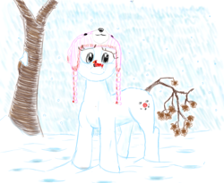 Size: 2022x1657 | Tagged: safe, artist:charlemage, artist:jimmyjamno1, oc, oc only, species:bird, cardinal, clothing, coal, cute, hat, snow, snowfall, snowmare, snowpony, solo, tree branch