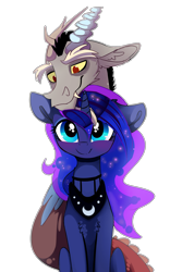 Size: 3000x4494 | Tagged: safe, artist:elementalokami, character:discord, character:princess luna, ship:lunacord, absurd resolution, cute, discute, fangs, lunabetes, male, missing accessory, shipping, smiling, straight