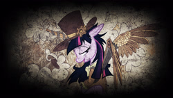 Size: 3840x2160 | Tagged: safe, artist:pashapup, edit, editor:keischa-assili, character:twilight sparkle, character:twilight sparkle (alicorn), species:alicorn, species:pony, clothing, female, hat, mare, prosthetics, solo, steampunk, vector, wallpaper