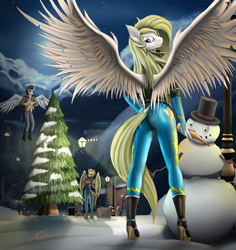 Size: 1400x1480 | Tagged: safe, artist:kasaler, character:ms. harshwhinny, character:soarin', character:spitfire, character:surprise, species:anthro, species:pegasus, species:pony, ass, butt, carrot, christmas tree, clothing, ear fluff, flying, food, hat, high heels, looking at you, night, offscreen character, scarf, snow, snowman, solo focus, spread wings, surprisamena, the ass was fat, top hat, tree, wings, winter, wonderbolts uniform