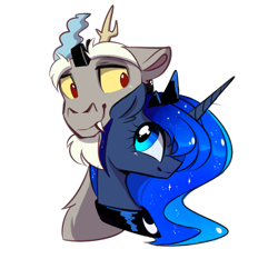 Size: 1600x1494 | Tagged: safe, artist:elementalokami, character:discord, character:princess luna, ship:lunacord, crown, cute, discute, jewelry, male, regalia, shipping, simple background, smiling, straight, transparent background