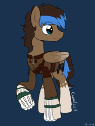 Size: 1200x1600 | Tagged: safe, artist:casualcolt, oc, oc only, oc:playthrough, species:pegasus, species:pony, adventure, bone, controller, leather armor, looking away, male, smiling, solo, stallion, straps