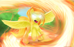Size: 3133x2000 | Tagged: safe, artist:sonicrainboom93, character:spitfire, species:pegasus, species:pony, female, fire, glowing eyes, high res, mare, open mouth, raised hoof, solo, spitfiery, spread wings, wings
