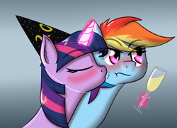 Size: 916x659 | Tagged: safe, artist:zogzor, character:rainbow dash, character:twilight sparkle, ship:twidash, blushing, champagne, clothing, female, hat, kiss on the cheek, kissing, lesbian, party hat, shipping, tsunderainbow, tsundere