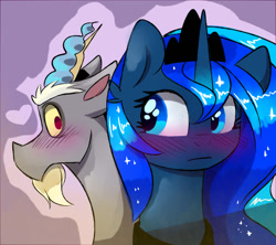 Size: 1024x908 | Tagged: safe, artist:elementalokami, character:discord, character:princess luna, ship:lunacord, blue eyes, blushing, crown, cute, heart, jewelry, looking back, lunabetes, male, regalia, shipping, straight