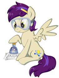 Size: 1200x1588 | Tagged: safe, artist:thebowtieone, oc, oc only, oc:electron, species:pegasus, species:pony, bottle, cloud, cork, female, goggles, mare, paper, simple background, sitting, solo, transparent background