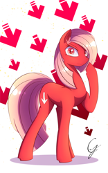 Size: 1200x1920 | Tagged: safe, artist:laptop-pone, oc, oc only, oc:downvote, species:earth pony, species:pony, derpibooru, derpibooru ponified, angry, arrows, colored pupils, downvote's downvotes, looking at you, meta, ponified, raised hoof, simple background, solo