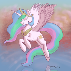 Size: 1700x1700 | Tagged: safe, artist:hypno, character:princess celestia, eyes closed, female, flying, solo, water