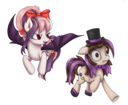 Size: 2224x1828 | Tagged: safe, artist:thebowtieone, oc, oc only, oc:bowtie, oc:sweet velvet, species:bat pony, species:pony, bow, bow tie, clothing, colored pupils, duo, female, floppy ears, flying, hair bow, hat, mare, raised hoof, running, scared, simple background, socks, spread wings, top hat, transparent background, wings