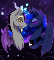 Size: 1572x1719 | Tagged: safe, artist:elementalokami, character:discord, character:princess luna, ship:lunacord, blushing, cute, discute, eyes closed, glowing horn, heart, magic, male, shipping, smiling, straight
