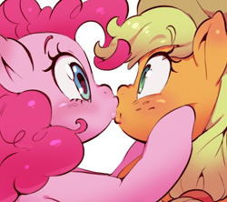 Size: 562x500 | Tagged: safe, artist:jirousan, character:applejack, character:pinkie pie, species:earth pony, species:pony, ship:applepie, blushing, clothing, cowboy hat, eye contact, female, hat, kissing, lesbian, looking at each other, mare, nose wrinkle, possible incest, profile, shipping, simple background, squishy cheeks, stetson, white background
