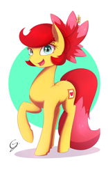 Size: 1200x1920 | Tagged: safe, artist:laptop-pone, oc, oc only, oc:rosa blossomheart, species:earth pony, species:pony, looking at you, open mouth, raised hoof, signature, solo