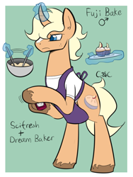 Size: 600x800 | Tagged: safe, artist:casualcolt, oc, oc only, oc:fuji bake, species:pony, species:unicorn, baker, chef, curved horn, magic, male, shipping, solo, stallion