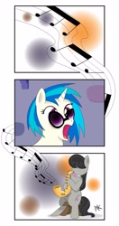 Size: 2642x5001 | Tagged: safe, artist:pony4koma, character:dj pon-3, character:octavia melody, character:vinyl scratch, species:earth pony, species:pony, species:unicorn, ship:scratchtavia, absurd resolution, colors, female, food, jam, jaw drop, lesbian, mare, music, music notes, musical instrument, musician, open mouth, saxophone, shipping, sunglasses