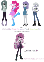 Size: 952x1328 | Tagged: safe, artist:prettycelestia, character:limestone pie, character:marble pie, character:maud pie, character:pinkie pie, my little pony:equestria girls, boots, bracelet, clothing, equestria girls-ified, fusion, gem fusion, high heel boots, high heels, jewelry, mary janes, multiple arms, pie sisters, shoes, skirt, steven universe