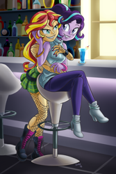 Size: 800x1200 | Tagged: safe, alternate version, artist:shaxbert, character:starlight glimmer, character:sunset shimmer, species:human, ship:shimmerglimmer, my little pony:equestria girls, bar, boots, clothing, crossed legs, female, fishnets, high heel boots, high heels, hilarious in hindsight, hug, hug from behind, lesbian, lipstick, midriff, nana (series), pantyhose, shipping, skirt