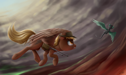 Size: 5000x3000 | Tagged: safe, artist:deltauraart, oc, oc only, oc:calamity, species:pegasus, species:pony, fallout equestria, absurd resolution, clothing, cloud, cloudy, combat, dogfight, flying, gun, hat, saddle bag, sky, weapon