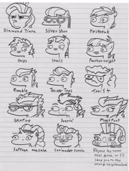 Size: 2452x3258 | Tagged: safe, artist:potatobug, character:coriander cumin, character:diamond tiara, character:featherweight, character:fleetfoot, character:pipsqueak, character:rumble, character:saffron masala, character:silver spoon, character:snails, character:snips, character:soarin', character:spitfire, character:tender taps, character:twist, character:zecora, species:earth pony, species:pegasus, species:pony, species:unicorn, species:zebra, 3:, :>, :d, arin hanson face, clothing, ear piercing, earring, faec, freckles, frown, glare, jewelry, lidded eyes, open mouth, piercing, rhyme, smiling, sunglasses, ugly, wavy mouth, wonderbolts uniform, wrong neighborhood