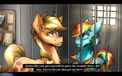 Size: 1024x640 | Tagged: safe, artist:bootsdotexe, character:applejack, character:rainbow dash, angry, bound wings, clothing, frustrated, hoers, jail, prison, prison outfit, prisoner rd, smug, text, widescreen, window