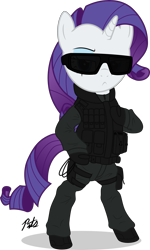 Size: 1929x3216 | Tagged: safe, artist:camo-pony, derpibooru original, character:rarity, species:pony, bipedal, clothing, female, pulse, rainbow six siege, simple background, solo, sunglasses, transparent background