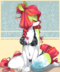 Size: 2872x3448 | Tagged: safe, artist:tamyarts, oc, oc only, species:anthro, species:earth pony, species:pony, bikini, clothing, eyes closed, female, high res, kneeling, mare, solo, swimsuit
