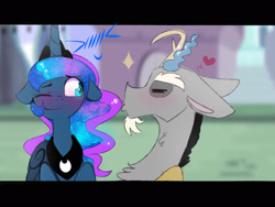 Size: 2480x1863 | Tagged: safe, artist:elementalokami, character:discord, character:princess luna, ship:lunacord, blushing, canterlot, crown, cute, eyes closed, floppy ears, heart, jewelry, kissy face, male, one eye closed, regalia, shipping, straight