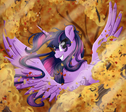 Size: 4000x3551 | Tagged: safe, artist:bratzoid, character:twilight sparkle, character:twilight sparkle (alicorn), species:alicorn, species:pony, autumn, female, grin, smiling, solo, spread wings, wings