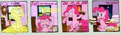 Size: 2980x884 | Tagged: safe, artist:ultrathehedgetoaster, character:pinkie pie, species:earth pony, species:pony, breaking the fourth wall, cake, comic, dialogue, female, food, fourth wall, it is on, mare, messy, pie, pied, ponidox, self ponidox, solo, time paradox