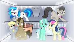 Size: 1366x768 | Tagged: safe, artist:birthofthepheonix, artist:floppychiptunes, artist:fureox, artist:ryuuichi-shasame, artist:shelmo69, artist:silvervectors, character:bon bon, character:derpy hooves, character:dj pon-3, character:doctor whooves, character:lyra heartstrings, character:octavia melody, character:sweetie drops, character:time turner, character:vinyl scratch, species:earth pony, species:pegasus, species:pony, species:unicorn, background six, bow tie, cutie mark, female, freezer, hooves, horn, male, mare, open mouth, sitting, smiling, spread wings, stallion, teeth, vector, wallpaper, wat, wings, worried