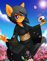 Size: 1024x1320 | Tagged: safe, artist:chacrawarrior, oc, oc only, oc:quick bullet, species:anthro, species:pony, anthro oc, cherry blossoms, clothing, cute, female, flower, flower blossom, flower petals, heart eyes, kimono (clothing), mare, sky, smiling, solo, starry eyes, sun, wingding eyes