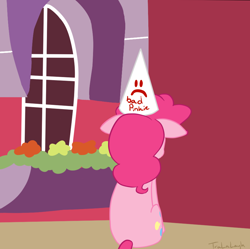 Size: 900x895 | Tagged: safe, artist:tralalayla, character:pinkie pie, species:earth pony, species:pony, :c, bad pinkie, clothing, comic, corner, dunce hat, female, floppy ears, frown, hat, mare, sad, sitting, solo, time out, window