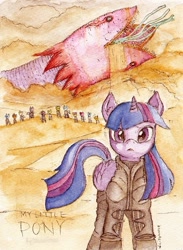 Size: 464x635 | Tagged: safe, artist:daisymane, character:twilight sparkle, character:twilight sparkle (alicorn), species:alicorn, species:pony, species:sandworm, species:shai-hulud, crossover, desert, dune, fremen, looking at you, parody, stillsuit, tatzlwurm, traditional art, watercolor painting