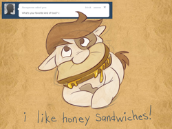 Size: 1024x764 | Tagged: safe, artist:pashapup, character:pipsqueak, species:earth pony, species:pony, ask, ask pipsqueak the pirate, colt, floppy ears, food, honey, male, mouth hold, no pupils, sandwich, solo