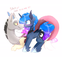 Size: 2080x1914 | Tagged: safe, artist:elementalokami, character:discord, character:princess luna, species:alicorn, species:draconequus, species:pony, ship:lunacord, blushing, dialogue, female, looking at each other, male, mare, shipping, smiling, straight