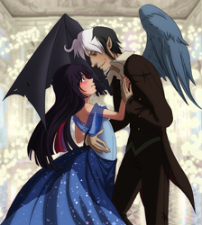 Size: 1808x2015 | Tagged: dead source, safe, artist:the-orator, character:discord, character:twilight sparkle, species:human, ship:discolight, blushing, crossover, dancing, female, hilarious in hindsight, humanized, labyrinth, looking at each other, male, phantom of the opera, shipping, straight, winged humanization, wings