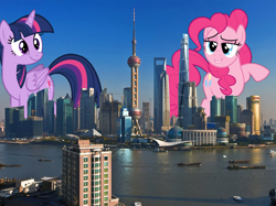 Size: 1024x767 | Tagged: safe, artist:deathnyan, artist:logan859, artist:sairoch, character:pinkie pie, character:twilight sparkle, character:twilight sparkle (alicorn), species:alicorn, species:earth pony, species:pony, giant pony, highrise ponies, irl, macro, mega twilight sparkle, photo, ponies in real life