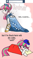 Size: 1280x2272 | Tagged: safe, artist:indiefoxtail, character:blossomforth, adoraforth, ask, ask blossomforth, blushing, clothing, cold, comic, crown, cute, daydream, dress, female, floppy ears, messy mane, open mouth, prom, prone, sad, sick, smiling, solo, tumblr