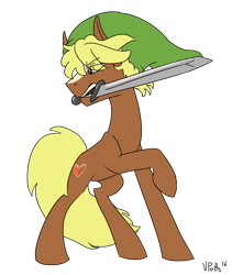 Size: 1600x1811 | Tagged: safe, artist:torusthescribe, character:quarter hearts, link, mouth hold, rupee, simple background, solo, sword, the legend of zelda, transparent background, weapon