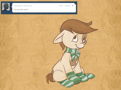 Size: 1024x764 | Tagged: safe, artist:pashapup, character:pipsqueak, species:earth pony, species:pony, g4, ask, ask pipsqueak the pirate, bow, clothing, colt, cute, floppy ears, looking up, male, no pupils, sitting, smiling, socks, solo, striped socks, three quarter view
