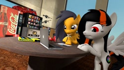 Size: 1366x768 | Tagged: safe, artist:askquickbullet, oc, oc only, oc:cannon car, oc:quick bullet, species:pegasus, species:pony, 3d, apple (company), coca-cola, computer, drawing tablet, duo, female, gun, laptop computer, mare, smiling, source filmmaker, vending machine, weapon