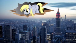 Size: 3840x2160 | Tagged: safe, artist:drakizora, edit, editor:mrdoctorderpy, character:derpy hooves, species:pegasus, species:pony, ceiling pony, female, high res, irl, mare, new york city, nose wrinkle, photo, ponies in real life, scrunchy face, simple background, solo