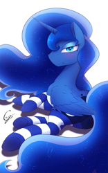 Size: 1200x1920 | Tagged: safe, artist:laptop-pone, character:princess luna, blushing, clothing, female, simple background, socks, solo, striped socks, thigh highs, white background