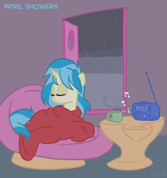 Size: 534x569 | Tagged: safe, artist:nyerpy, character:allie way, species:pony, species:unicorn, alternate hairstyle, blanket, eyes closed, female, hot drink, mare, prone, radio, rain, smiling, solo, window