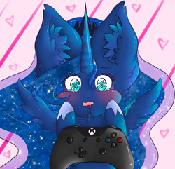 Size: 1250x1204 | Tagged: safe, artist:niniibear, character:princess luna, species:alicorn, species:pony, gamer luna, blue, blushing, chest fluff, controller, ear fluff, female, fluffy, gamer, heart, heart eyes, moon, pink, solo, wingding eyes, wings, xbox, xbox one, xbox one controller