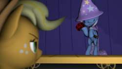 Size: 3840x2160 | Tagged: safe, artist:oc1024, character:applejack, character:trixie, species:pony, species:unicorn, episode:boast busters, g4, my little pony: friendship is magic, 3d, arm hooves, cape, clothing, eyes closed, female, flower, hat, mare, scene interpretation, source filmmaker, stage, standing, trixie's cape, trixie's hat, unamused