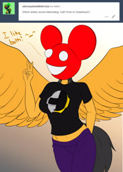 Size: 2800x3900 | Tagged: safe, artist:askquickbullet, oc, oc only, oc:quick bullet, species:anthro, species:pegasus, species:pony, anthro oc, clothing, daft punk, deadmau5, dialogue, female, mare, pants, peace sign, shirt, simple background, solo, spread wings, tumblr, wings