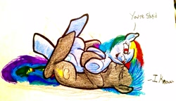 Size: 3654x2108 | Tagged: safe, artist:heyerika, character:rainbow dash, character:thunderlane, species:pegasus, species:pony, cuddling, dialogue, female, legs in air, male, mare, on back, shipping, stallion, straight, thunderdash, traditional art