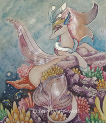 Size: 2157x2493 | Tagged: safe, artist:lunar-white-wolf, character:queen novo, species:seapony (g4), my little pony: the movie (2017), beautiful, coral reef, female, fish, lidded eyes, queen, smiling, solo, traditional art, underwater