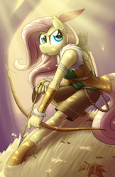 Size: 1024x1583 | Tagged: safe, artist:zaron, character:fluttershy, species:anthro, species:pegasus, species:pony, species:unguligrade anthro, archer, arrow, bow (weapon), bow and arrow, clothing, female, quiver, solo, weapon