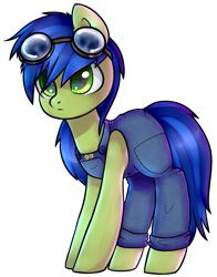 Size: 1087x1384 | Tagged: safe, artist:astralblues, oc, oc only, oc:scotch tape, species:earth pony, species:pony, fallout equestria, fallout equestria: project horizons, female, goggles, mare, overalls, simple background, solo, white background